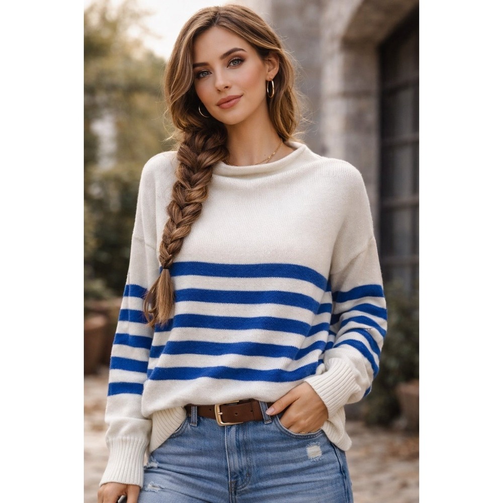 Truth‎ by Republic Cream Blue Striped Knit Sweater Ribbed Cuffs XL